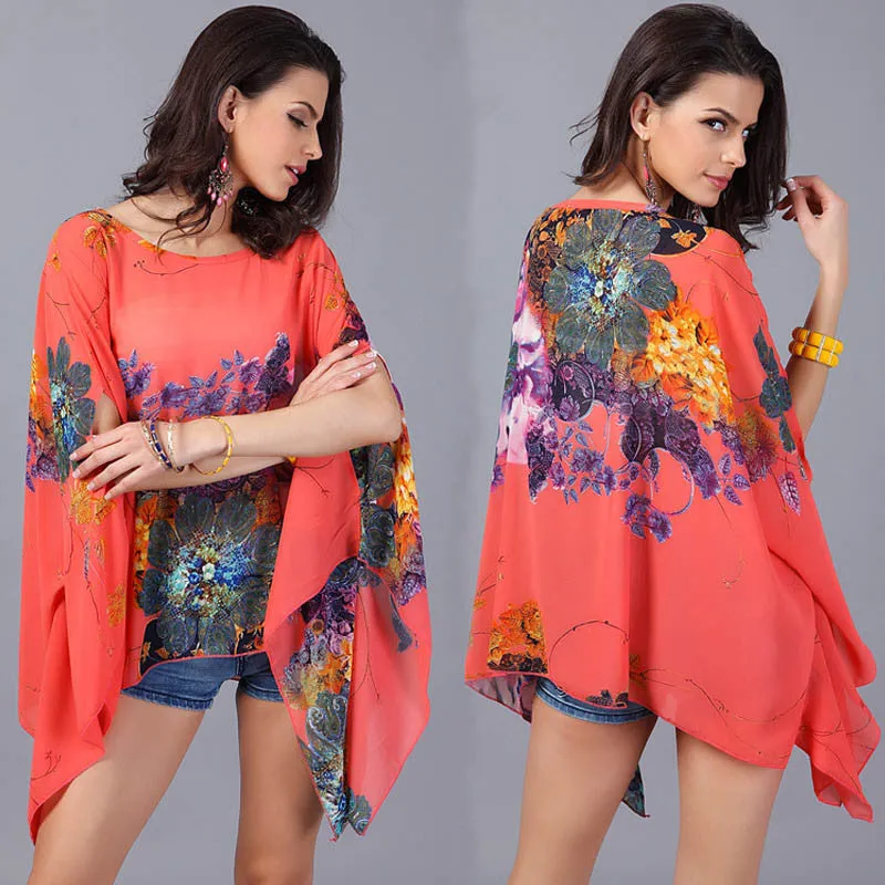 Boho Batwing Sleeve Chiffon Women Casual Floral Print Loose Kimono Shirts Big Size Beach Tunic Tops Peplum Robe