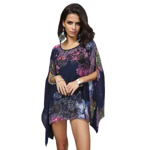 Boho Batwing Sleeve Chiffon Women Casual Floral Print Loose Kimono Shirts Big Size Beach Tunic Tops Peplum Robe