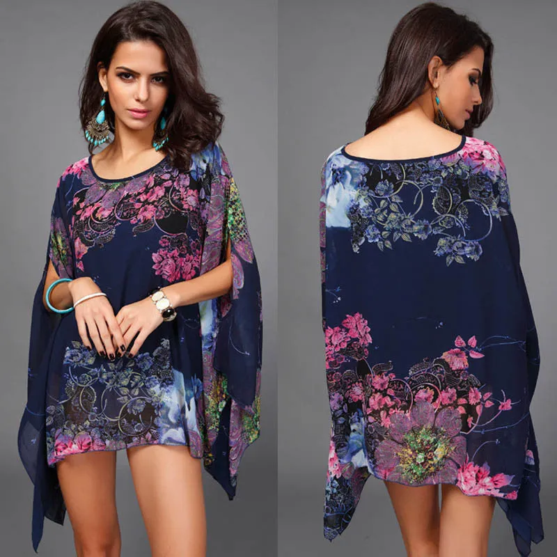 Boho Batwing Sleeve Chiffon Women Casual Floral Print Loose Kimono Shirts Big Size Beach Tunic Tops Peplum Robe