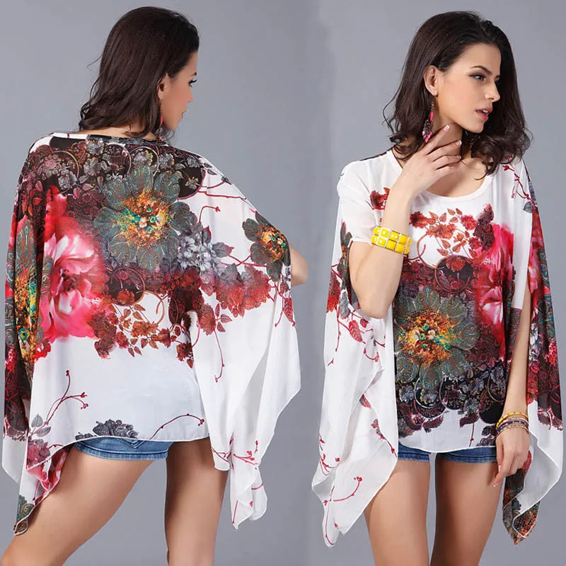 Boho Batwing Sleeve Chiffon Women Casual Floral Print Loose Kimono Shirts Big Size Beach Tunic Tops Peplum Robe