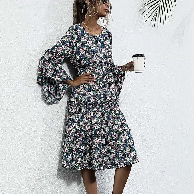 Boho floral dress with trumpet sleeves