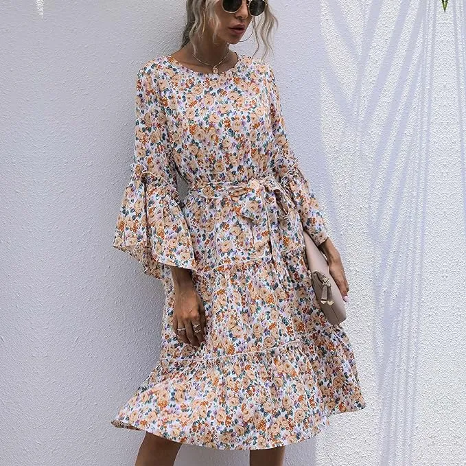 Boho floral dress with trumpet sleeves