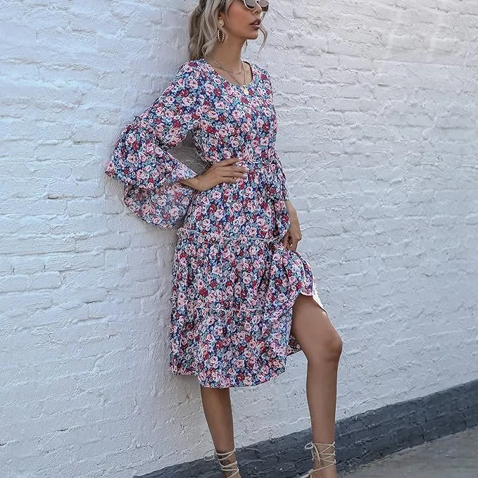 Boho floral dress with trumpet sleeves