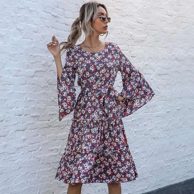 Boho floral dress with trumpet sleeves