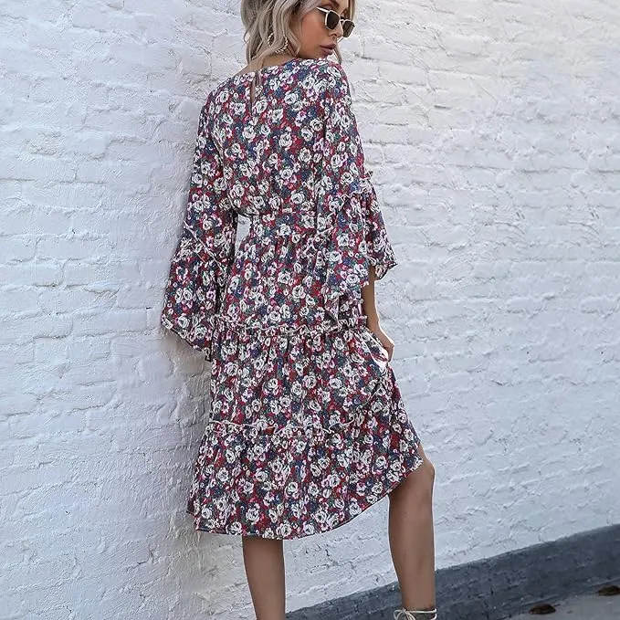 Boho floral dress with trumpet sleeves