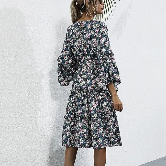 Boho floral dress with trumpet sleeves