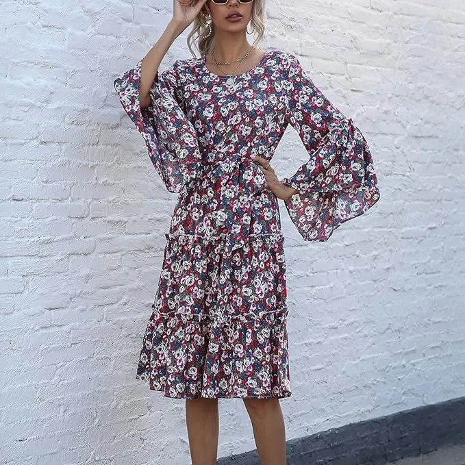 Boho floral dress with trumpet sleeves