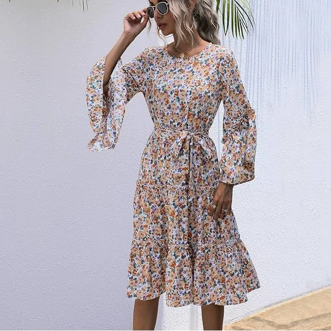 Boho floral dress with trumpet sleeves