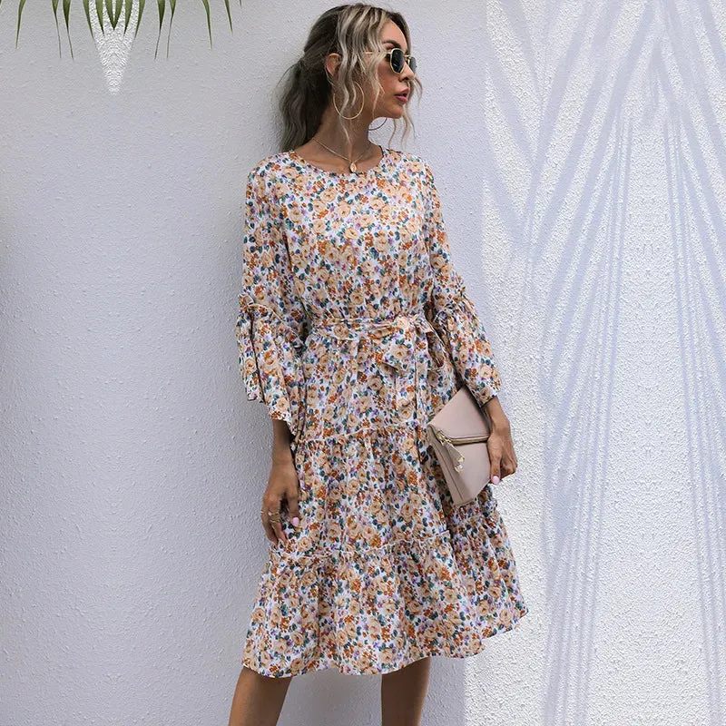 Boho floral dress with trumpet sleeves