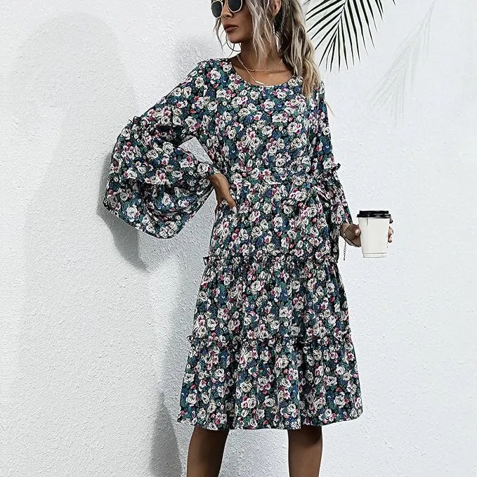 Boho floral dress with trumpet sleeves