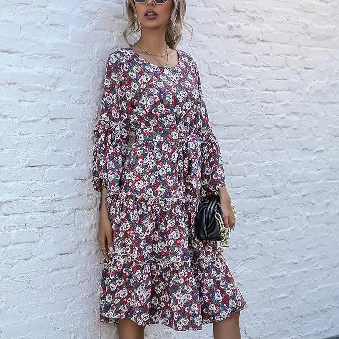 Boho floral dress with trumpet sleeves