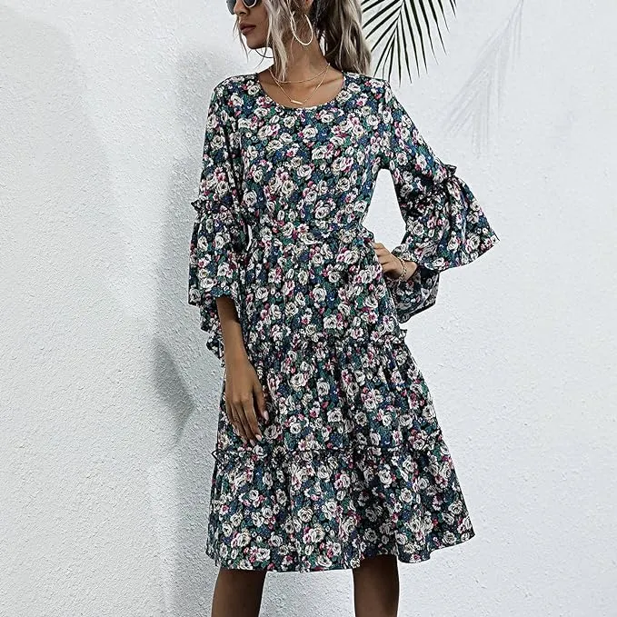 Boho floral dress with trumpet sleeves