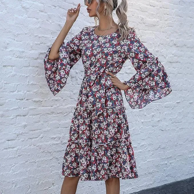 Boho floral dress with trumpet sleeves