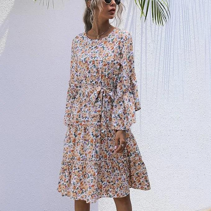 Boho floral dress with trumpet sleeves