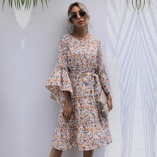 Boho floral dress with trumpet sleeves