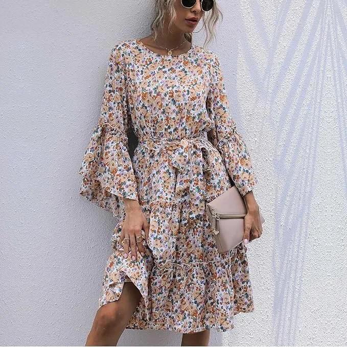 Boho floral dress with trumpet sleeves