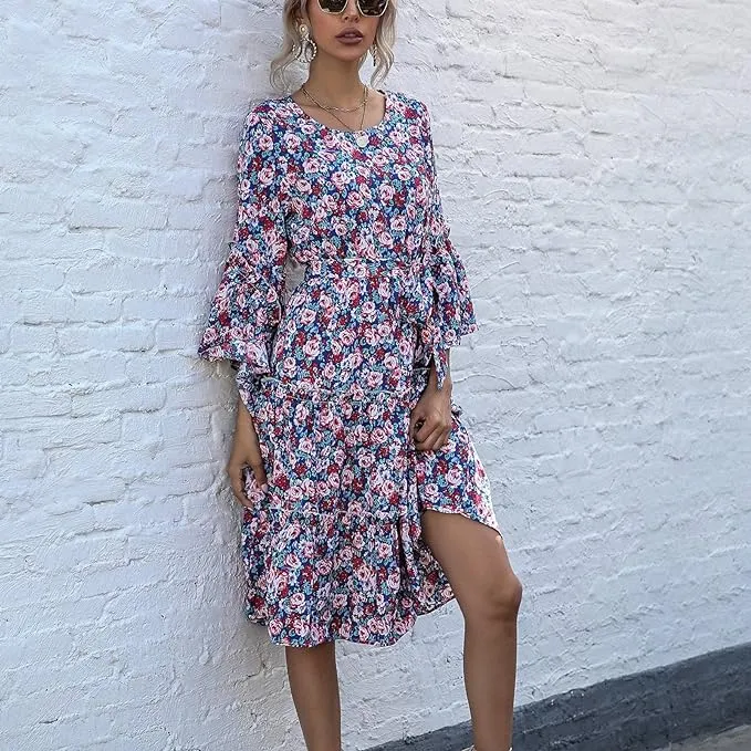 Boho floral dress with trumpet sleeves