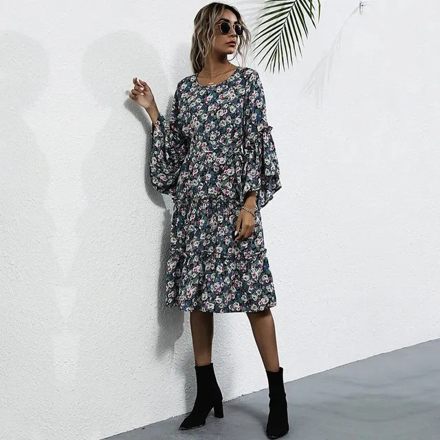 Boho floral dress with trumpet sleeves