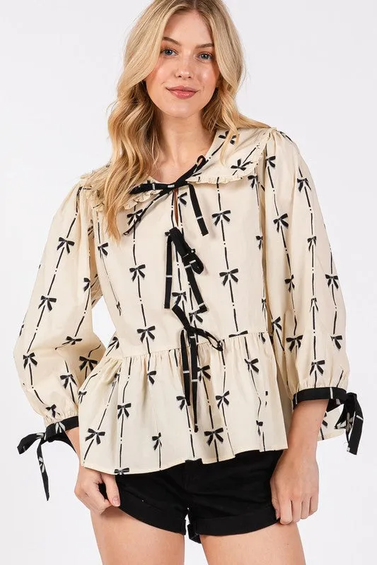 Bow Print Tie Front Babydoll Blouse For Women – Whimsical Unique Trendy Feminine Fashion for Everyday Chic