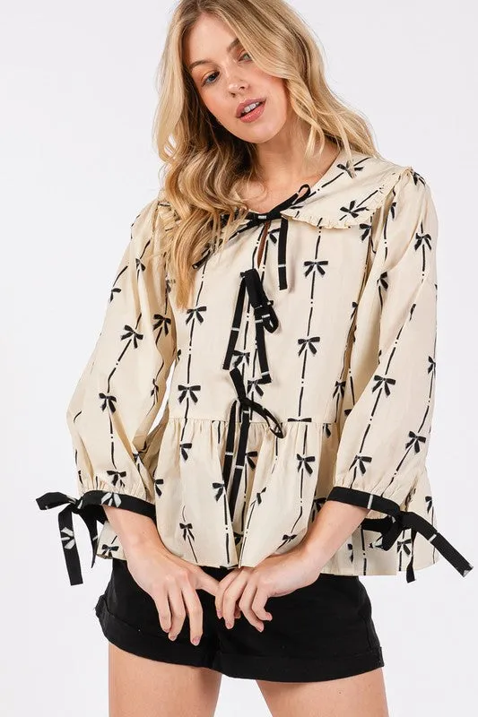 Bow Print Tie Front Babydoll Blouse For Women – Whimsical Unique Trendy Feminine Fashion for Everyday Chic