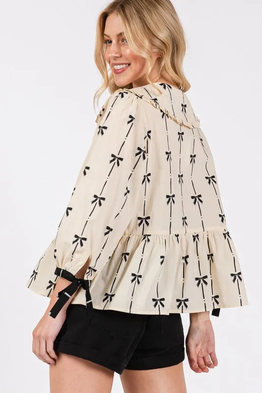 Bow Print Tie Front Babydoll Blouse For Women – Whimsical Unique Trendy Feminine Fashion for Everyday Chic