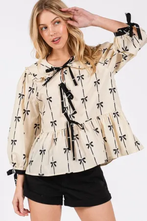 Bow Print Tie Front Babydoll Blouse For Women – Whimsical Unique Trendy Feminine Fashion for Everyday Chic