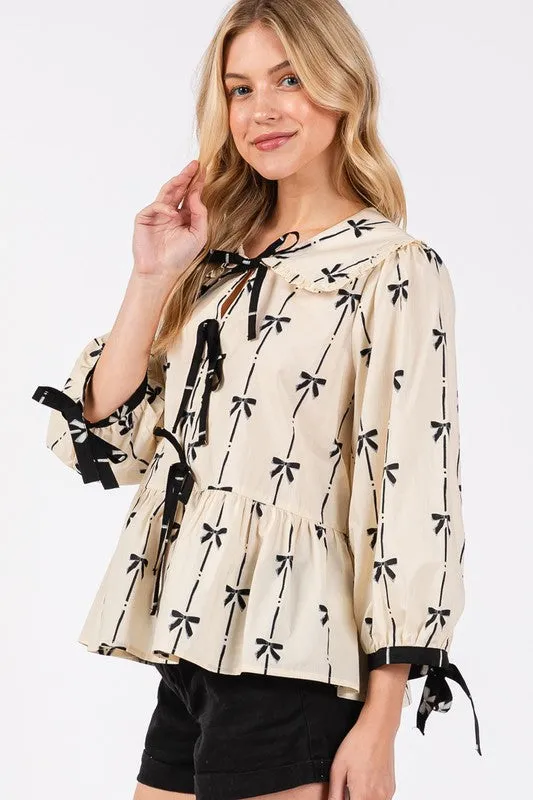 Bow Print Tie Front Babydoll Blouse For Women – Whimsical Unique Trendy Feminine Fashion for Everyday Chic