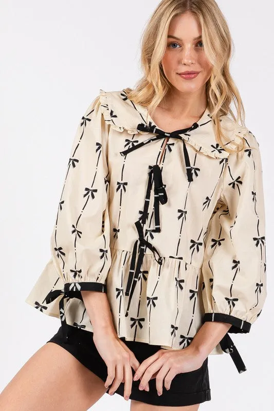 Bow Print Tie Front Babydoll Blouse For Women – Whimsical Unique Trendy Feminine Fashion for Everyday Chic