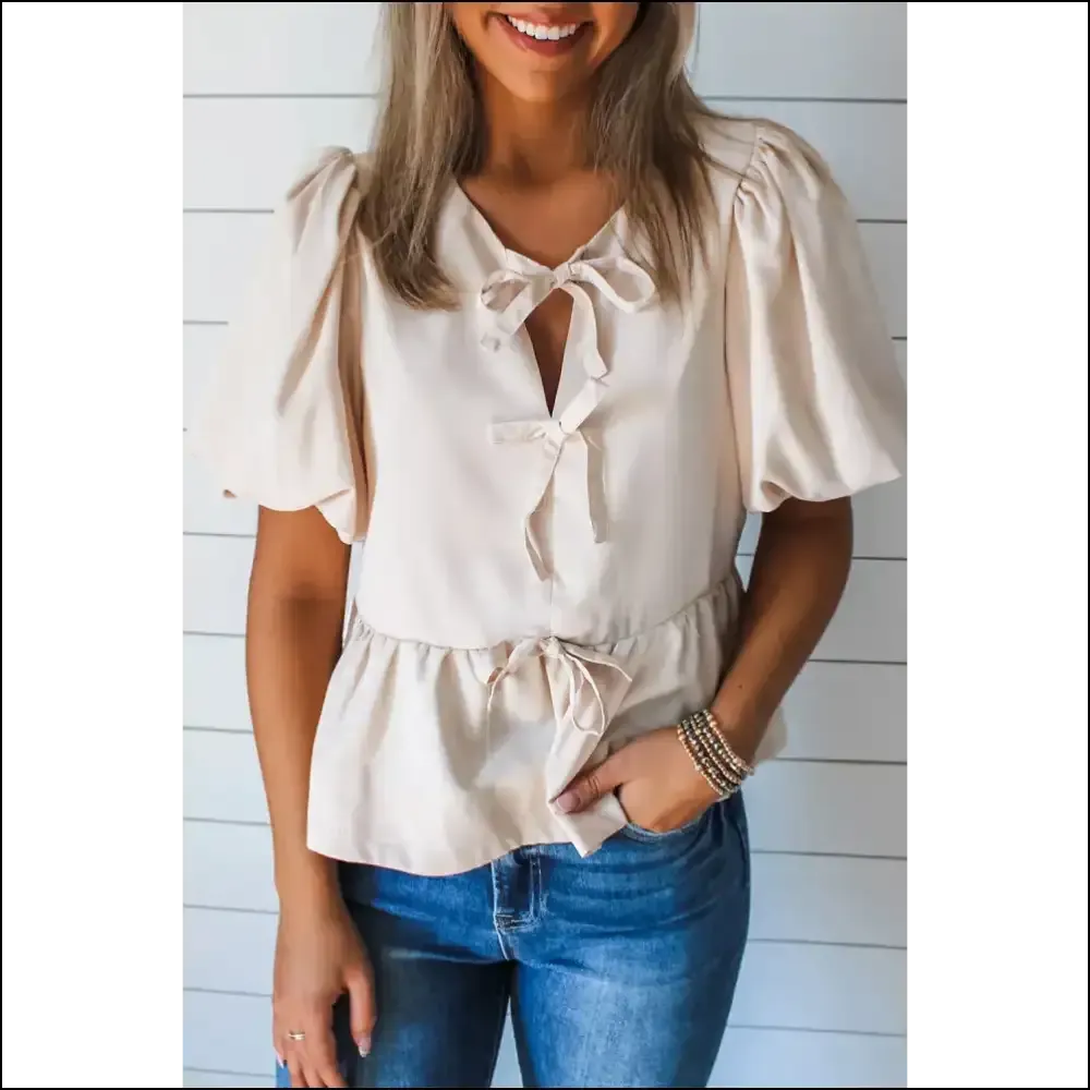 Bowknot Puff Sleeve Peplum Blouse: Prepare for Compliments