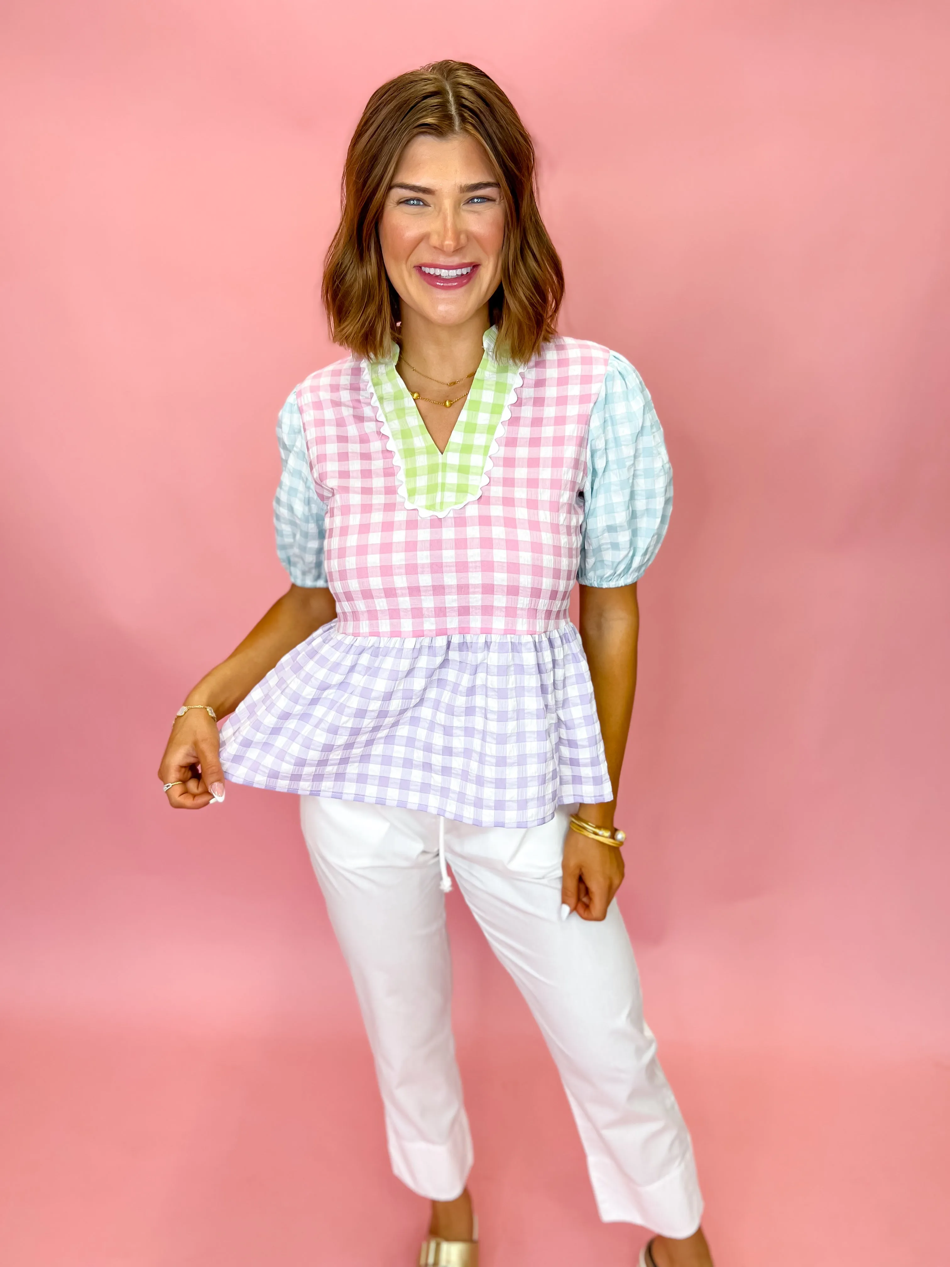[Brianna Cannon] Color Block Gingham Peplum Top