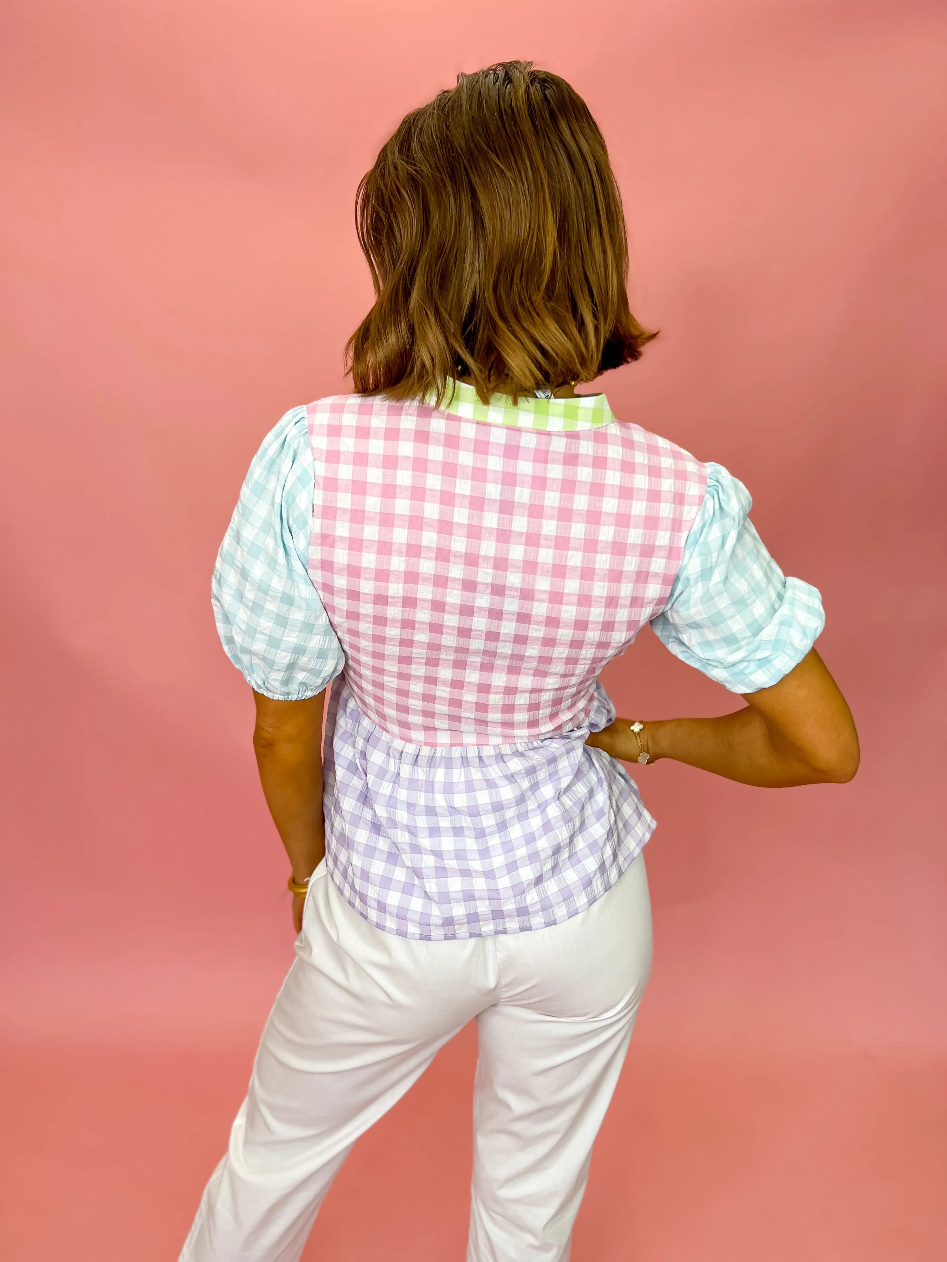 [Brianna Cannon] Color Block Gingham Peplum Top
