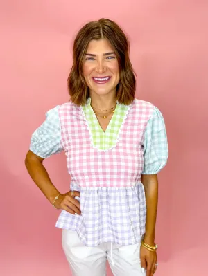 [Brianna Cannon] Color Block Gingham Peplum Top