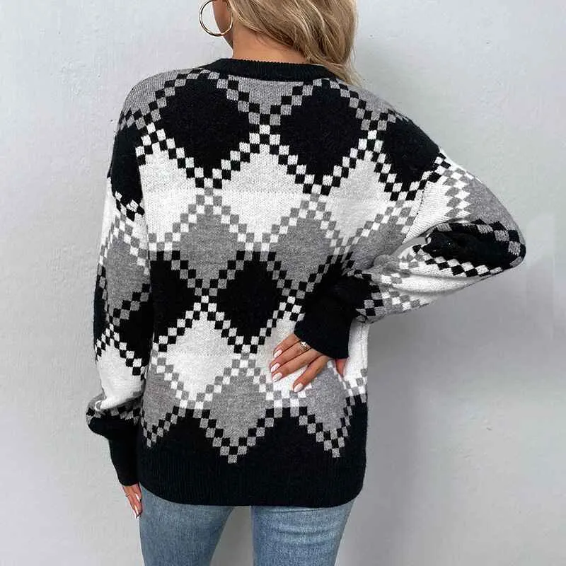 Brown Argyle Oversized Sweater Pullover Long Sleeve Knitted Sweaters for Women Crewneck Sweater K436