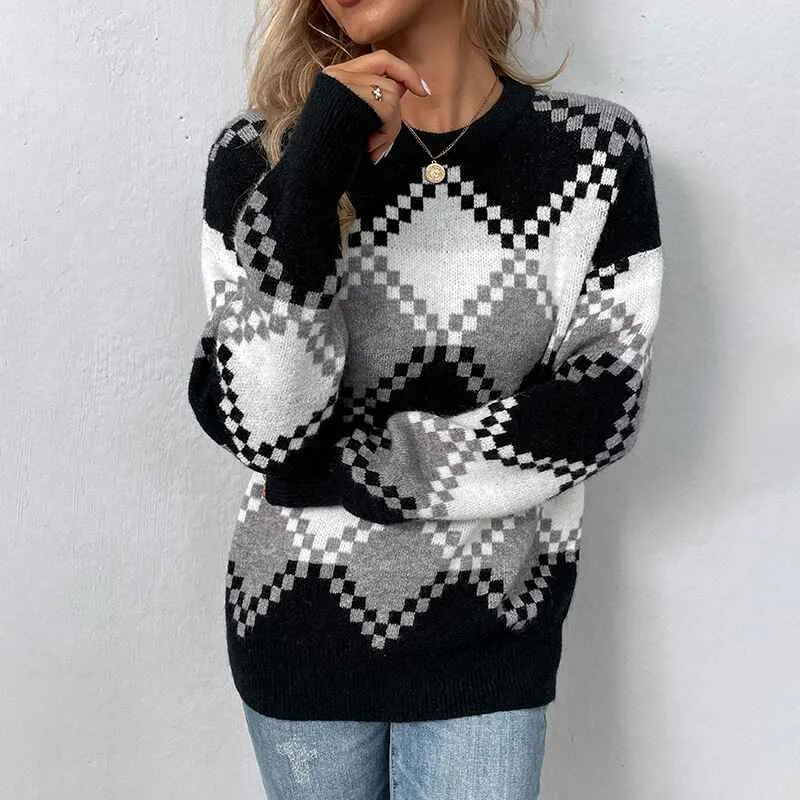 Brown Argyle Oversized Sweater Pullover Long Sleeve Knitted Sweaters for Women Crewneck Sweater K436