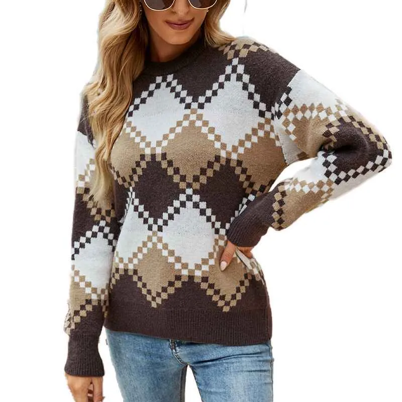 Brown Argyle Oversized Sweater Pullover Long Sleeve Knitted Sweaters for Women Crewneck Sweater K436