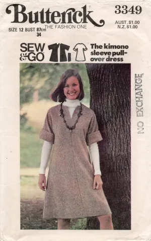 Butterick 3349 Womens Sew & Go Kimono Sleeved Dress 1970s Vintage Sewing Pattern Size 12 Bust 34 Inches