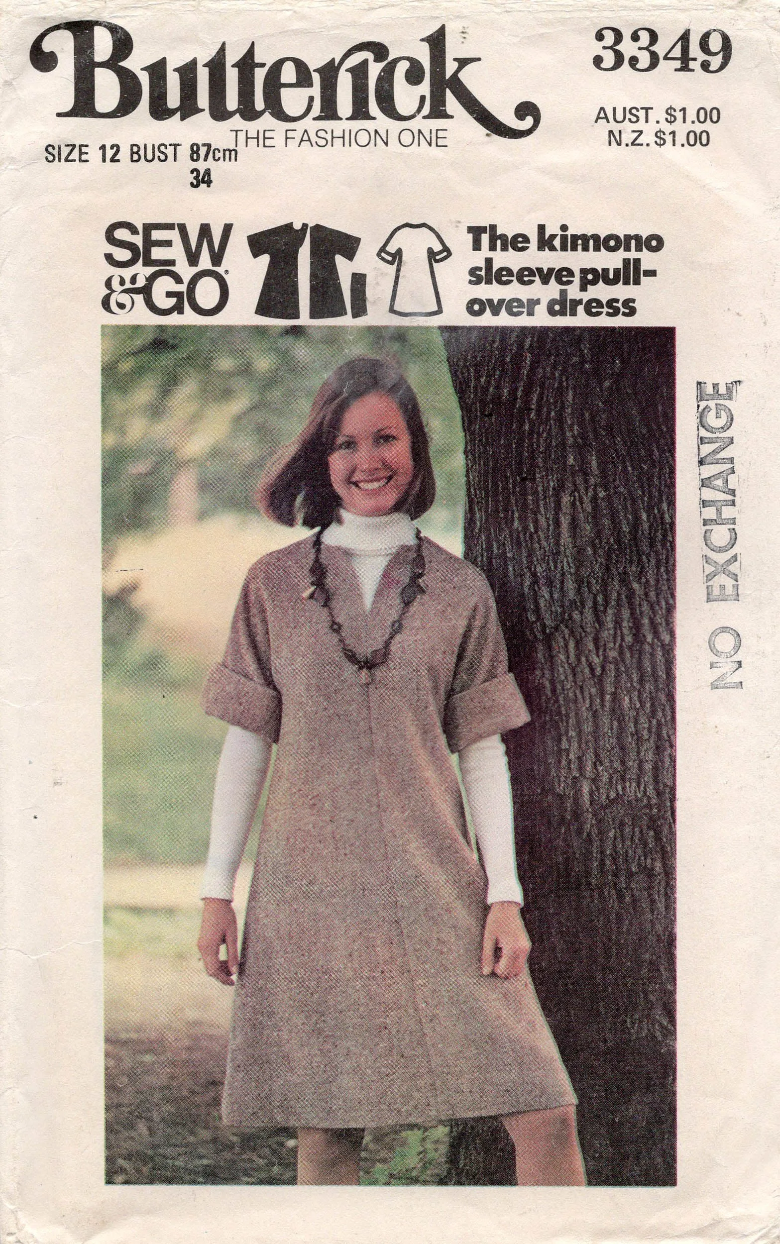 Butterick 3349 Womens Sew & Go Kimono Sleeved Dress 1970s Vintage Sewing Pattern Size 12 Bust 34 Inches