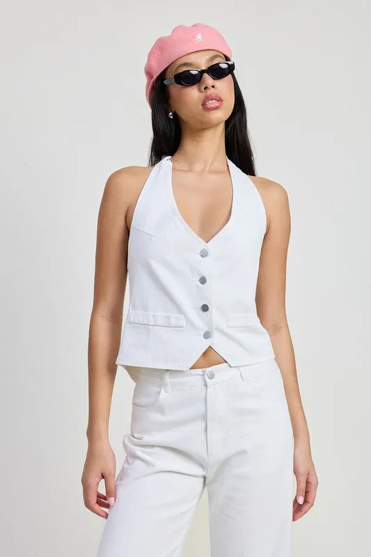 BUTTON UP HALTER NECK TOP