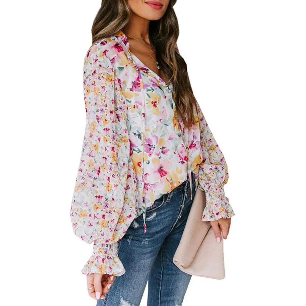 Casual Floral Print Balloon Sleeve Tie Front Blouse