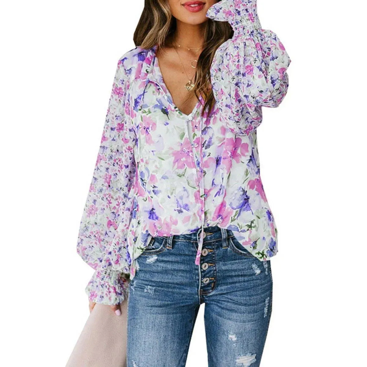 Casual Floral Print Balloon Sleeve Tie Front Blouse