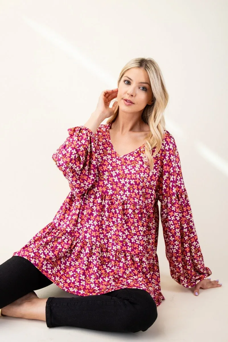 Celeste Floral V-Neck Balloon Sleeve Blouse