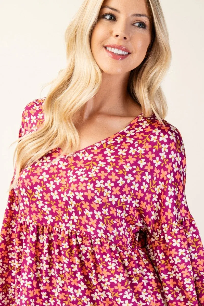 Celeste Floral V-Neck Balloon Sleeve Blouse