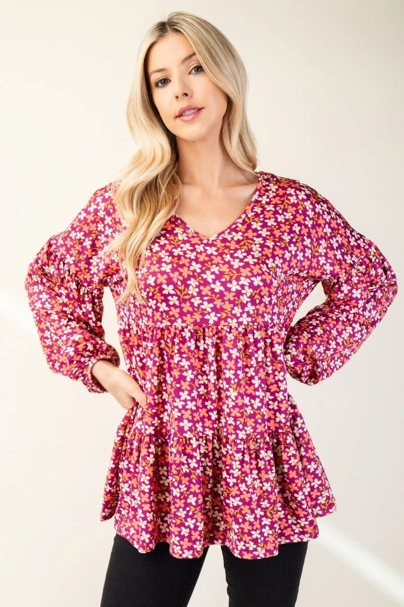 Celeste Floral V-Neck Balloon Sleeve Blouse