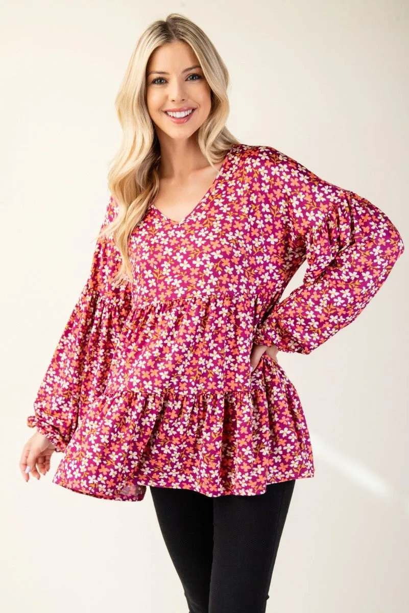 Celeste Floral V-Neck Balloon Sleeve Blouse