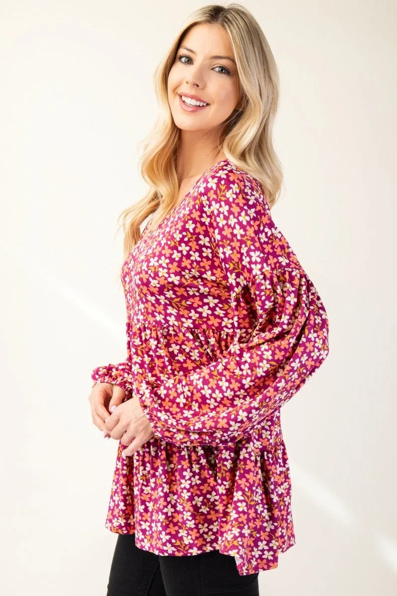 Celeste Floral V-Neck Balloon Sleeve Blouse