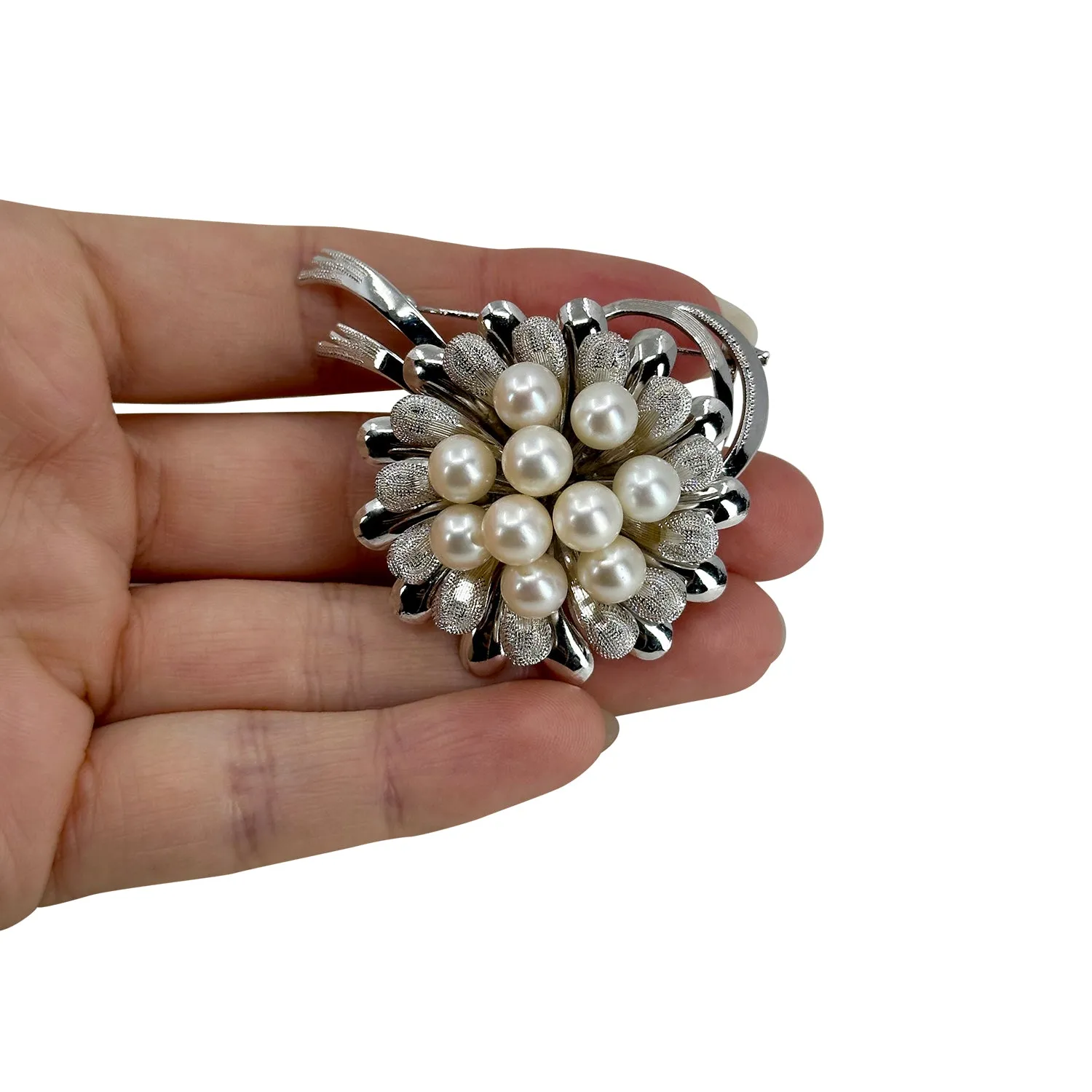 Chrysanthemum Flower Japanese Saltwater Akoya Cultured Pearl Vintage Brooch Obidome- Sterling Silver