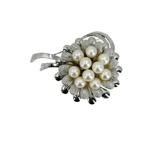 Chrysanthemum Flower Japanese Saltwater Akoya Cultured Pearl Vintage Brooch Obidome- Sterling Silver