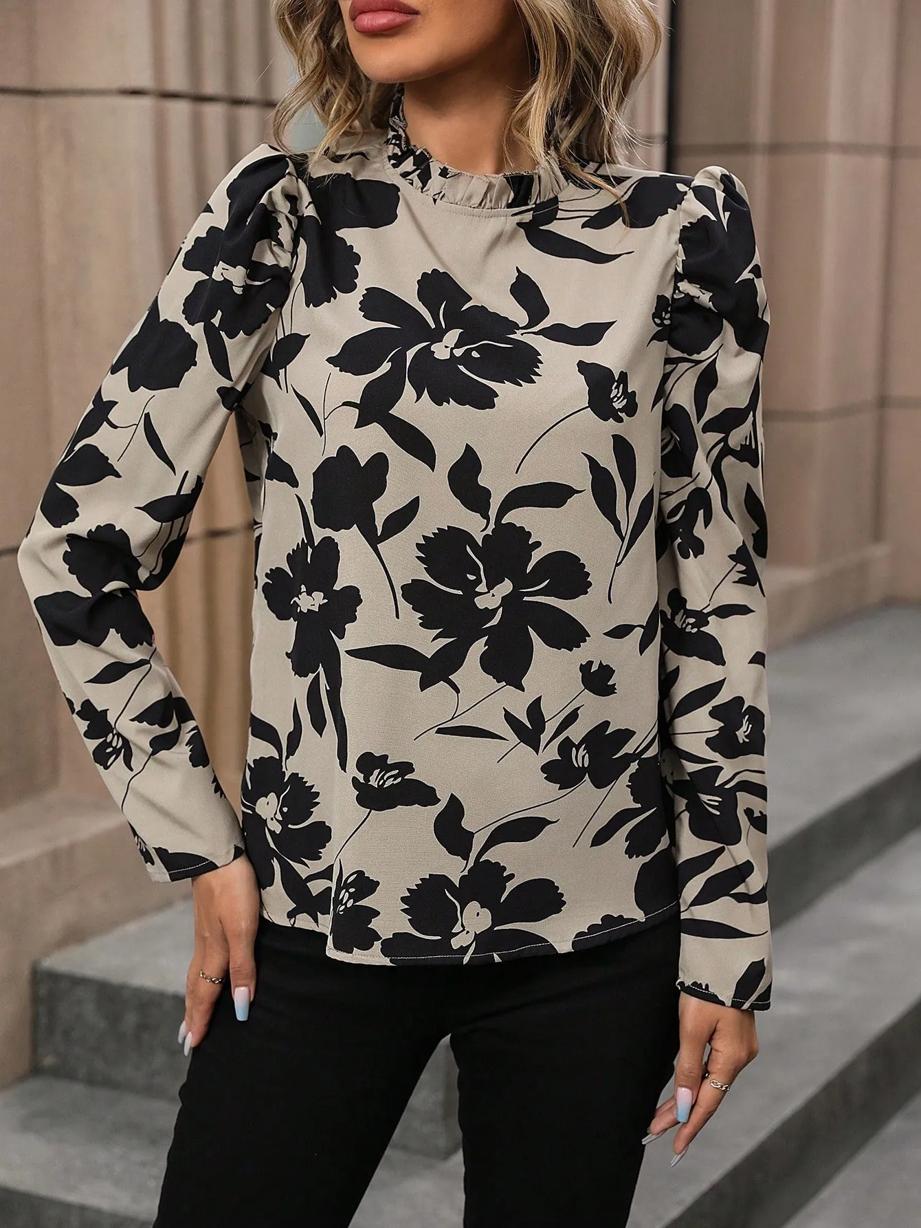 Clasi Floral Print Mock Neck Puff Sleeve Blouse