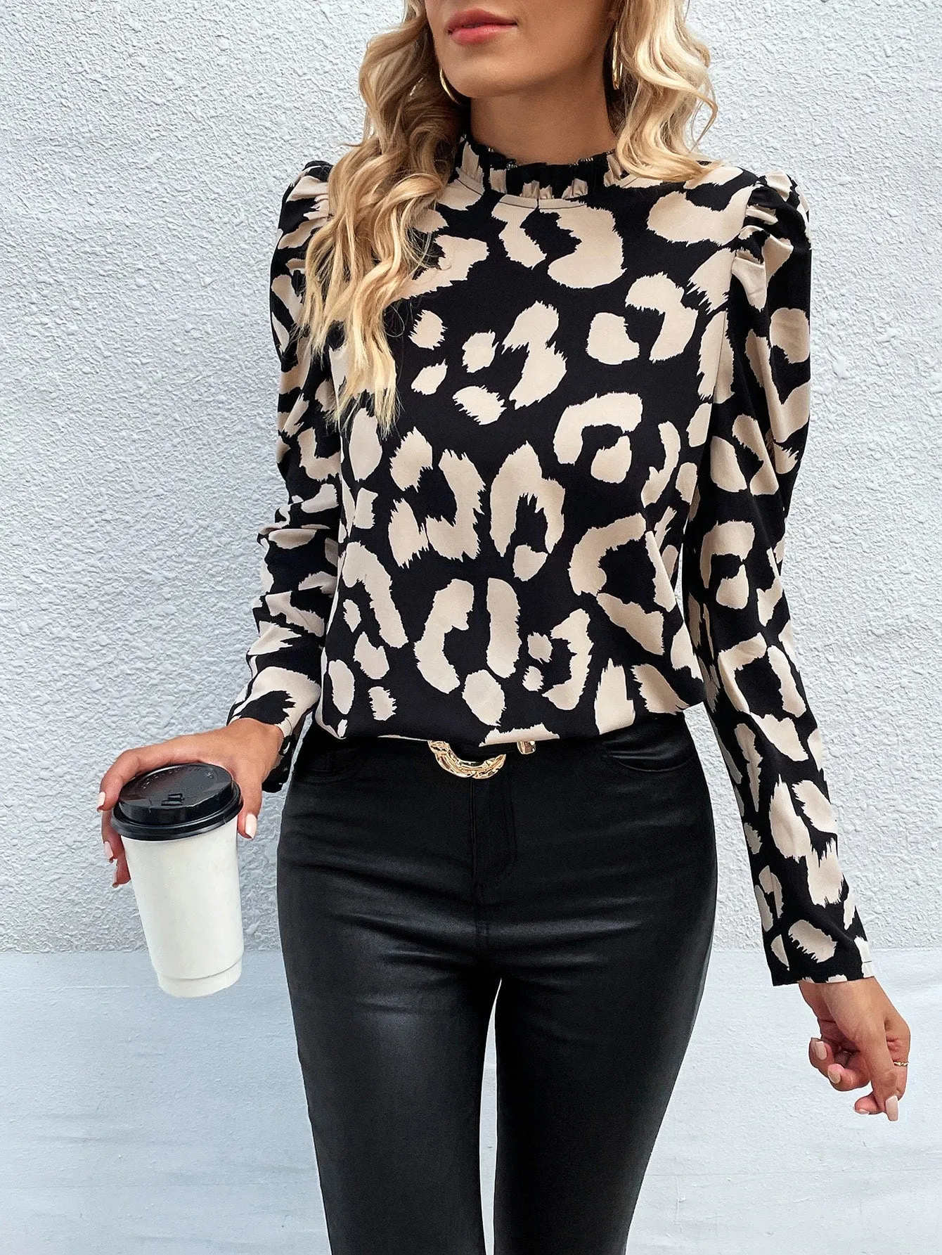 Clasi Floral Print Mock Neck Puff Sleeve Blouse