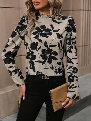 Clasi Floral Print Mock Neck Puff Sleeve Blouse